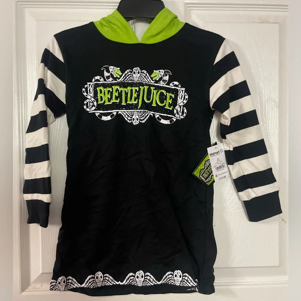 🖤💚 Beetlejuice Hooded Sweater Dress Girls XS (4/5) NWT Striped‎ Sleeves
